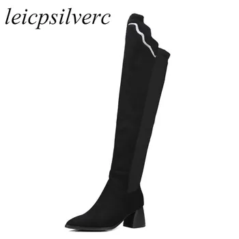 

Women Boots Winter Autumn Warm Plush Shoes Over The Knee High Heels Motorcycle Boots Pointed Toe Sewing 2019 Sexy New Black Red