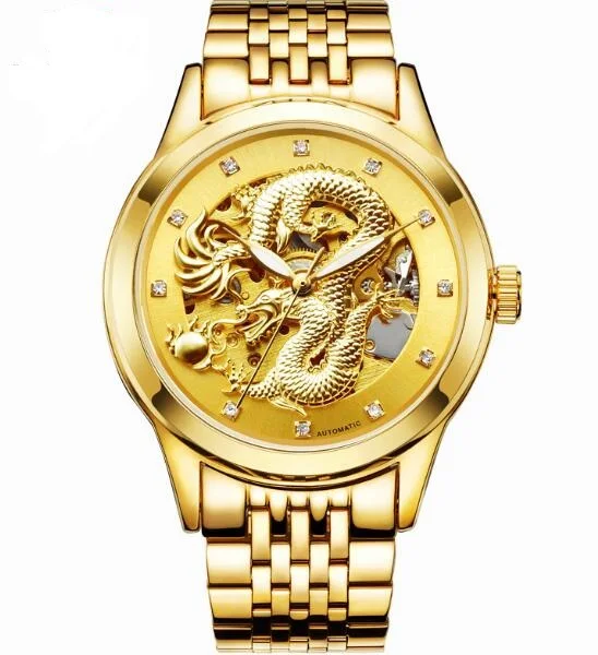 Новые золотые часы мужские модные роскошные брендовые наручные часы автоматические механические часы Мужские часы с драконом Relogio Masculino - Цвет: Gold
