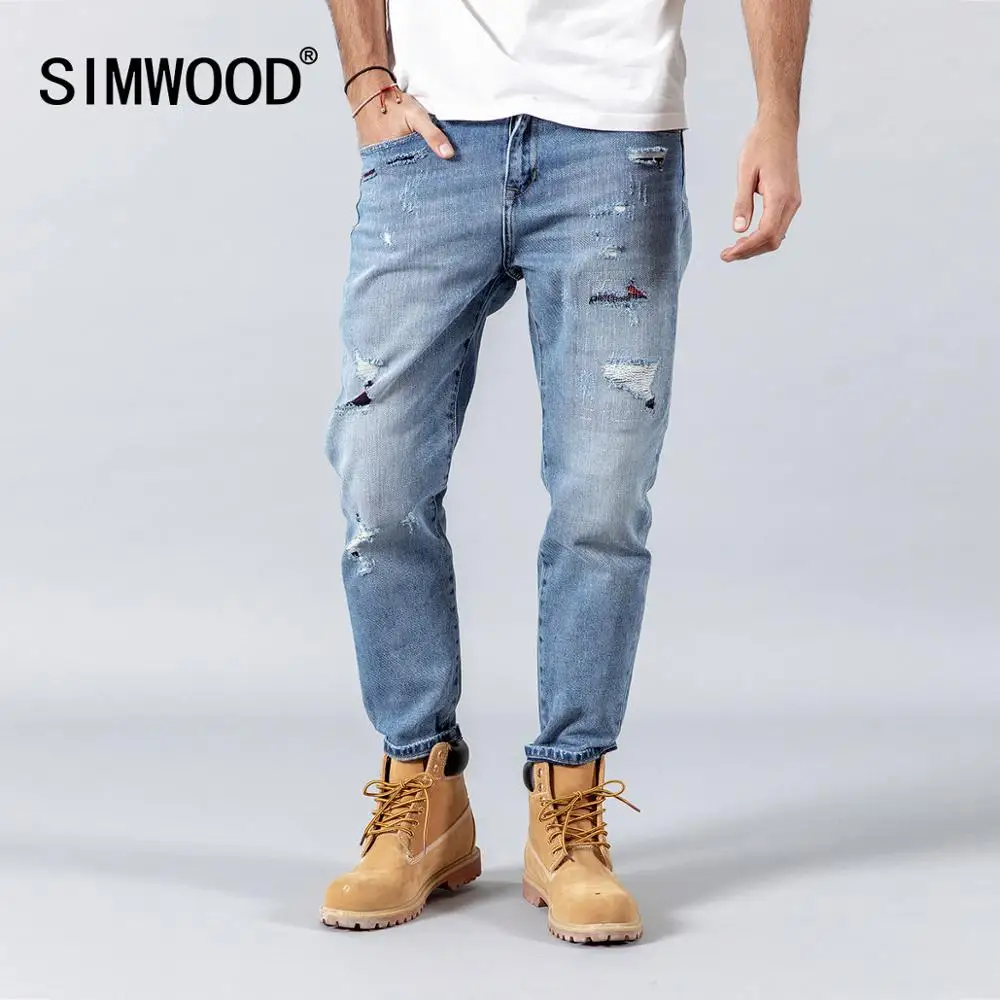 

SIMWOOD 2019 autumn winter new jeans men fashion patchwork hole denim pants ankle-length hip hop ripped streetwear 190031