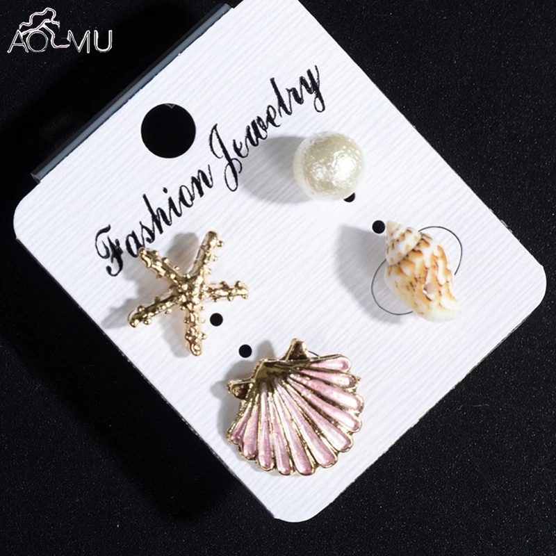 

AOMU 4pcs/set Cute Pink Coral Star Charm Pearl Stud Earrings Set Women Brincos Brinco Sea Conch Starfish Beach Summer Jewelry