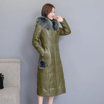 Лучшее качество зимнее кожаное пальто для женщин средней длины пуховик с капюшоном большой меховой воротник кожаная одежда размера плюс M~ 3XL - Цвет: 4