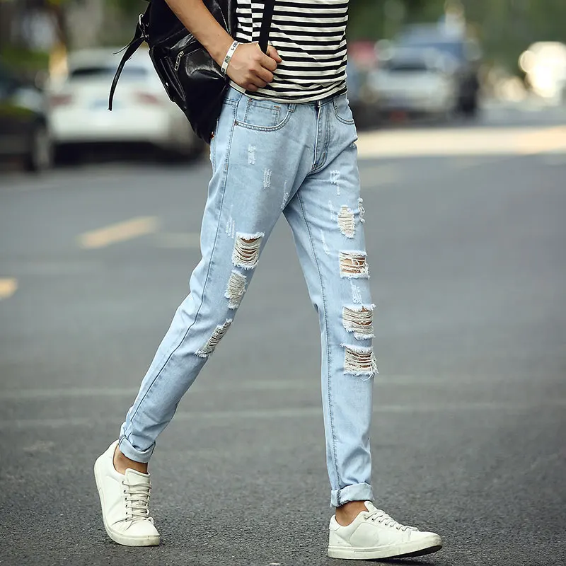 

Fashion Men Hole Denim Pants Men's Long Straight Leg Slim Fit Casual Ripped Jeans Light Blue Streetwear Hiphop Trousers Hombre
