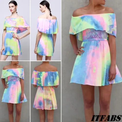 

Women Falbala Off Shoulder Boho Mini Dress Summer Beach Holiday Party Sundress
