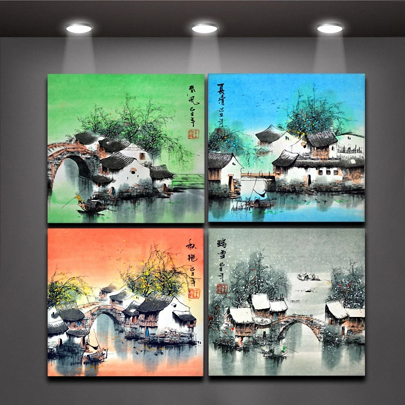 4 Piece Chinese Painting Four Seasons Oil Painting Wall Art Paintings