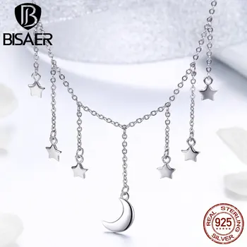 

BISAER 925 Sterling Silver Moon Star Long Chain Women Necklaces Pendant Moon & Star Necklace Silver Jewelry Collar ECN301