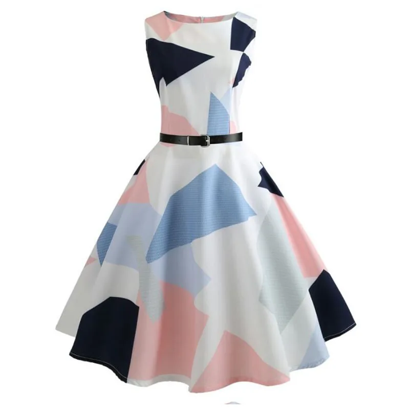 

Party Dress Women Vintage Sleeveless Multicolor Patchwork Print Dress Knee Length O-neck Zipper Summer 2019 Lady Dress Soft -N