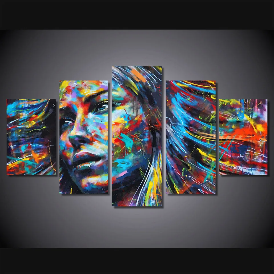 wall art canvas painting 5 piece modular HD print colorful hair figure