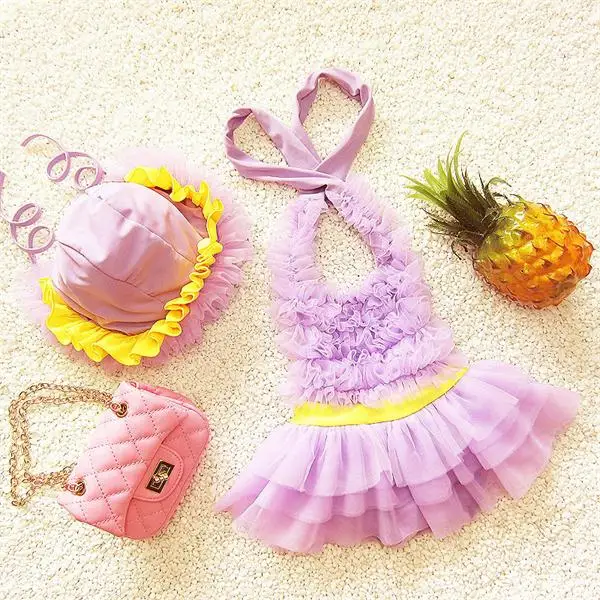 Летний Детский бикини для маленьких девочек, милый купальник для малыша с рюшами и бантом, купальный костюм принцессы+ шапочка для плавания, От 1 до 9 лет - Цвет: purple