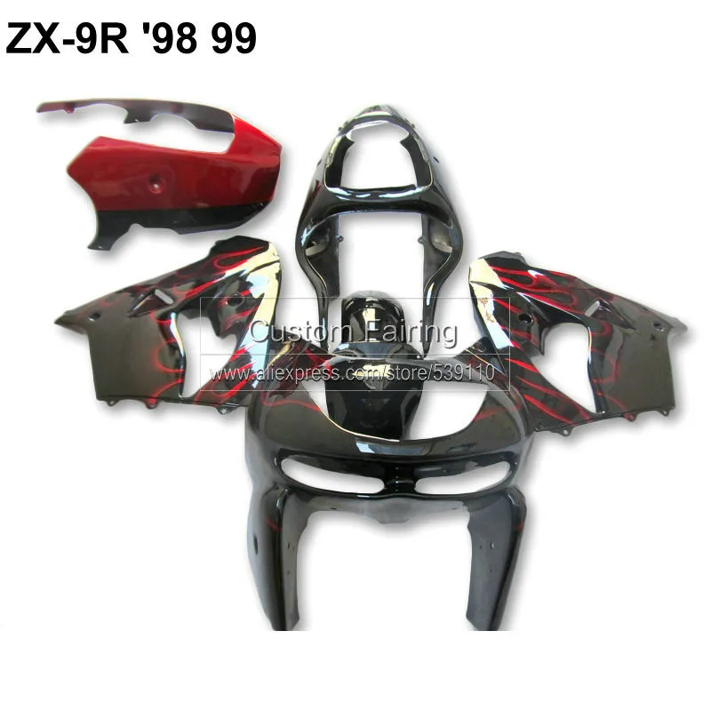 Из АБС-пластика для мотоцикла комплект для сверления для Kawasaki ZX9R zx 9r 1998 1999 ниндзя 99 98 корпус с красным пламенем обтекатель комплект CV08