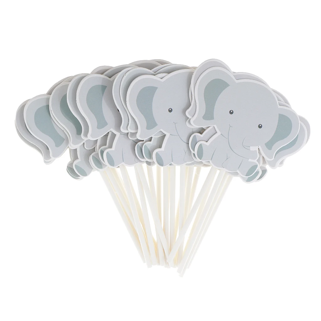 24Pca Elephant Shaped Stick Cake Topper Party Birthday Dessert Decor Supplies Grey