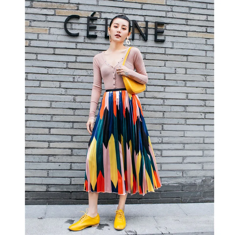Летняя женская плиссированная юбка с завышенной талией контрастная новая Гонконгская стильная ретро модная большая свободная юбка большого размера плиссированная юбка