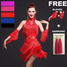Explosion Latin Dance Women Fringe Dress&Gloves&Earrings Competition/Practice Cha Rumba Samba Salsa Dance Dress Great Gatsby