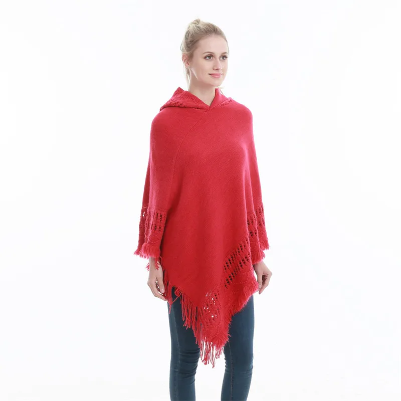 New fashionable Women Hooded Solid color Poncho  Cape Ladies Plus Size Knitted Sweaters oversize Pullover woman coat free 