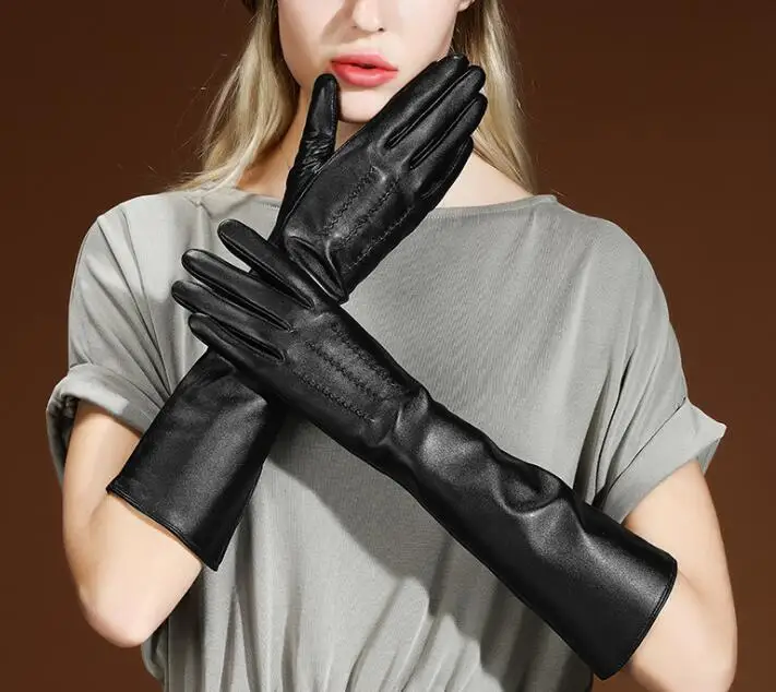 Для женщин на осень-зиму Длинные натуральная кожа перчатки женские длинные утепленные натуральной овчины кожаные водительские перчатки R415