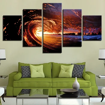 

Canvas Pictures Living Room HD Prints Paintings Home Decoration Framework 5 Pieces Red Sunset Sea Waves Seascape Poster Wall Art