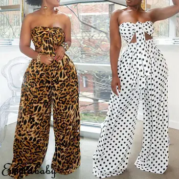 

Fashion Women Ladies Sets Sexy Clubwear Summer Leopard/Polka Dot 2Pcs Sleeveless Strapless Camis High Waist Wide Leg Trousers