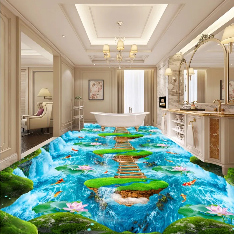 Image Free Shipping Waterfalls wooden bridge lotus carp fish Island bathroom walkway kitchen 3d flooring thickened flooring mural