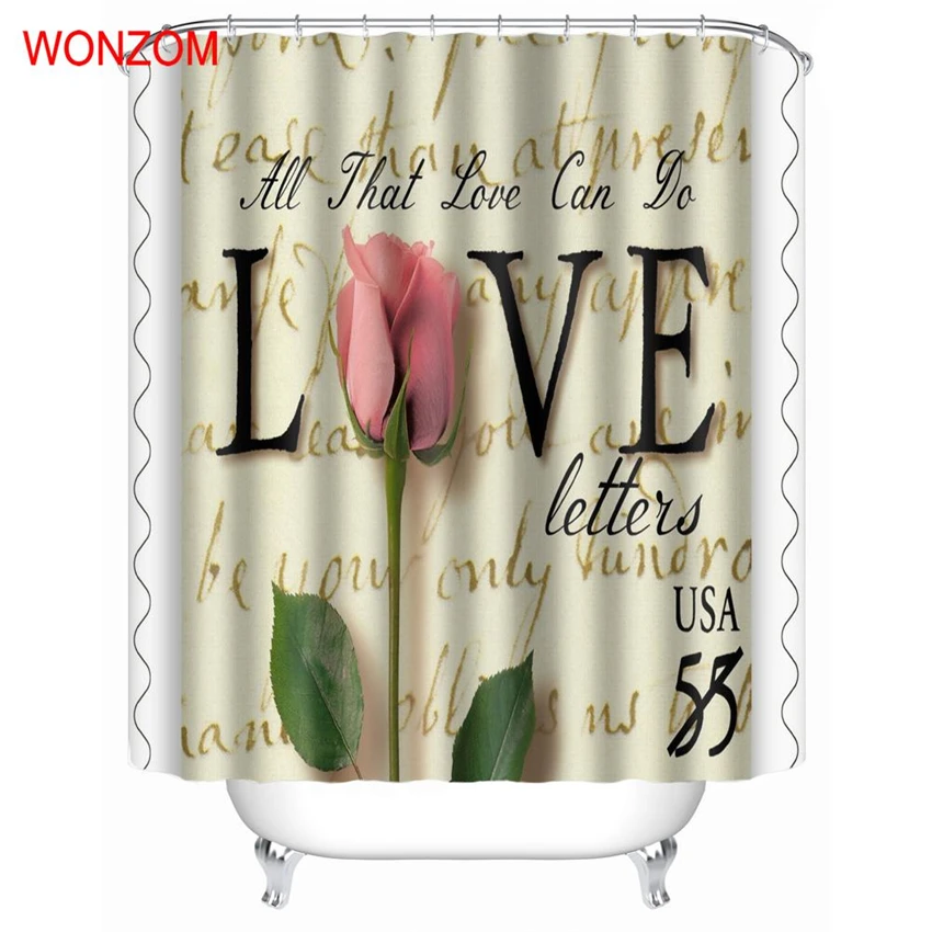 

WONZOM LOVE Modern Polyester Rose Flower Waterproof Shower Curtains For Bathroom Fabric Elegant Bath Curtain With Hooks Gift