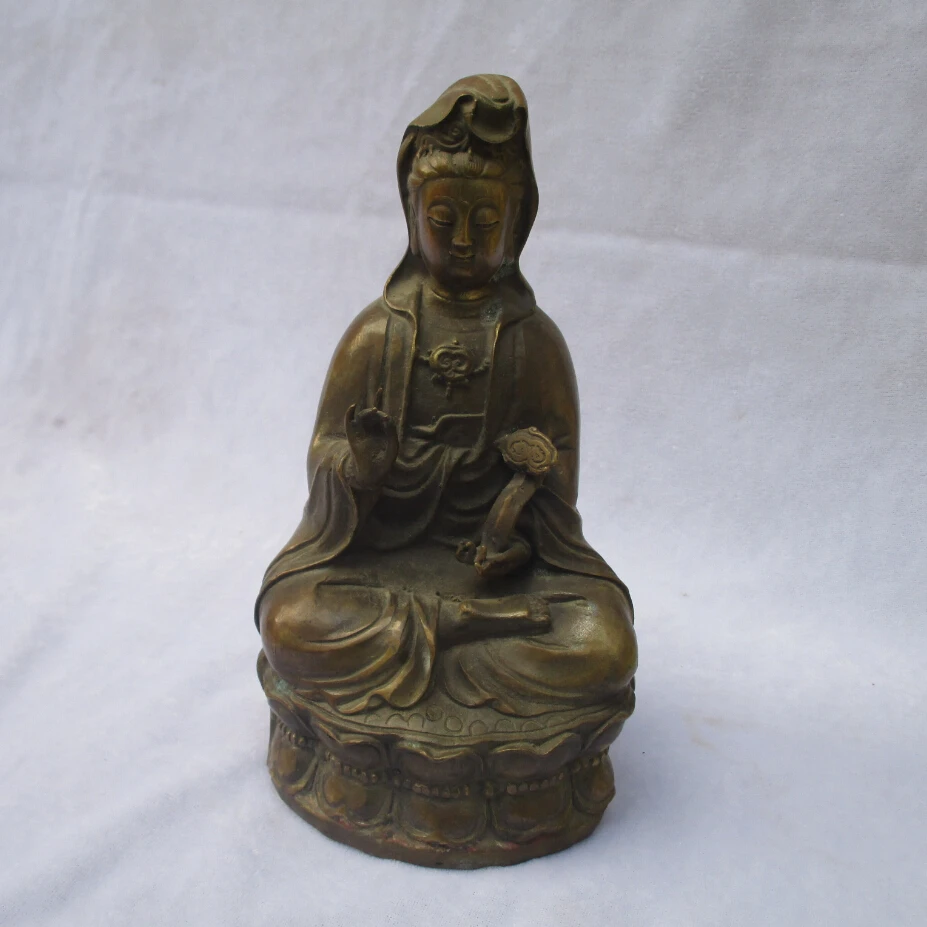 Collectible Chinese Decorated Old Copper Carved Ruyi Guanyin Sculpture