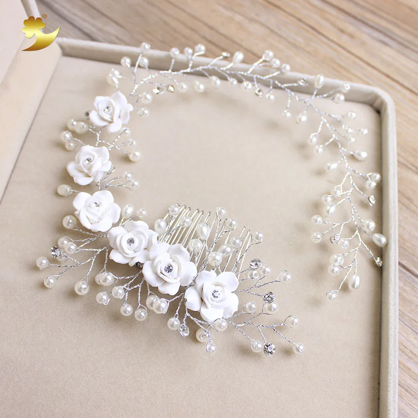 

XinYun Bride Hair Comb Bridal Floral Headband Pearl Hair Jewelry Hairband Hair Ornaments Bridal Tiara Wedding Accessories