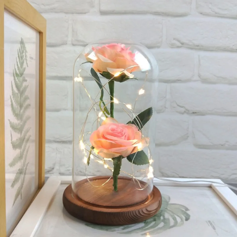 

USB Silk Rose in a Glass Dome with LED Light String Gift Women Girls Birthday Valentine's Day Mother's Day Christmas Holiday YZ
