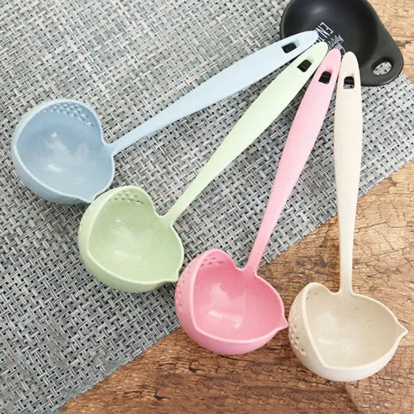 FHEAL 2 in 1 Creative Wheat Straw Soup Spoon Long Handle Lovely Porridge Spoons with Filter Dinnerware Kitchen Colander Tools (16)