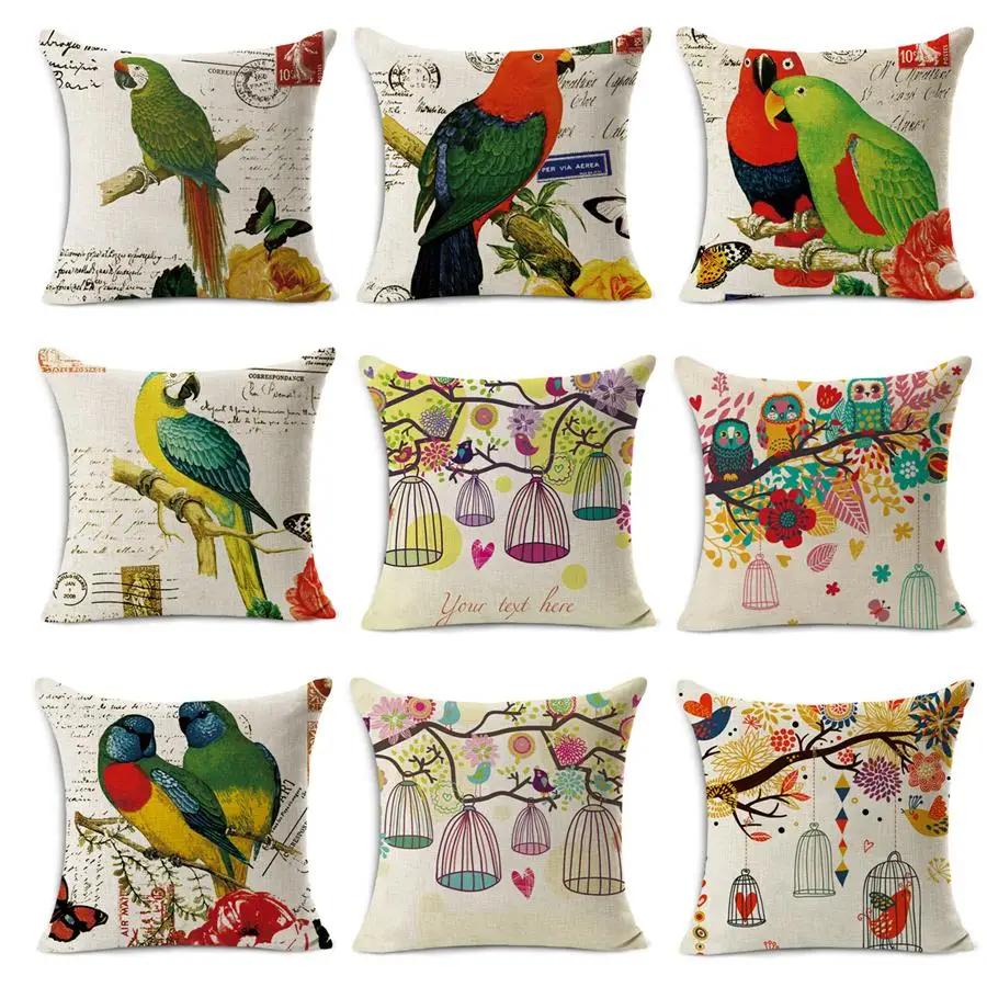 Colorful Bird Printed Parrot Decor Linen Cotton Chair Cushions Home Decorative Throw Pillows Coussin Decoratif Almofadas cojines Colorful Bird Printed Parrot Decor Linen Cotton Chair Cushions Home Decorative Throw Pillows Coussin Decoratif Almofadas cojines