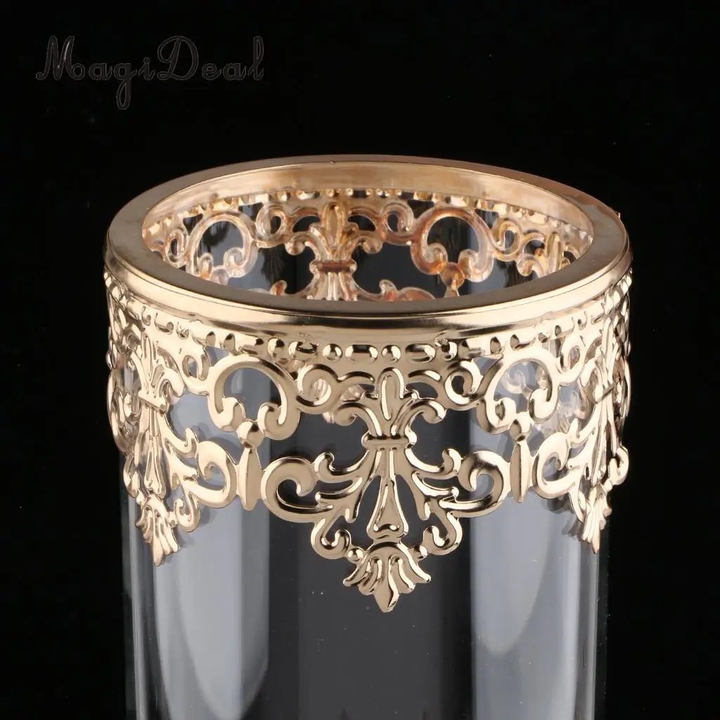 Antique Gold Metal Pedestal Candle Holder with Glass Flower Vase Crystal Draped Pillar Stand Accent Display Ornament Gift