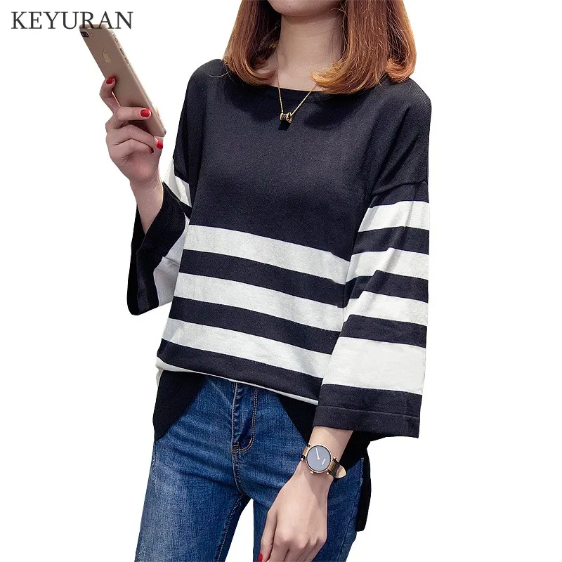 

Three Quarter Sleeve Sweater Women Plus Size 3 4XL O-neck Loose Striped Thin Knitted Wear Slit Oversized Pullovers Sweaters Tops