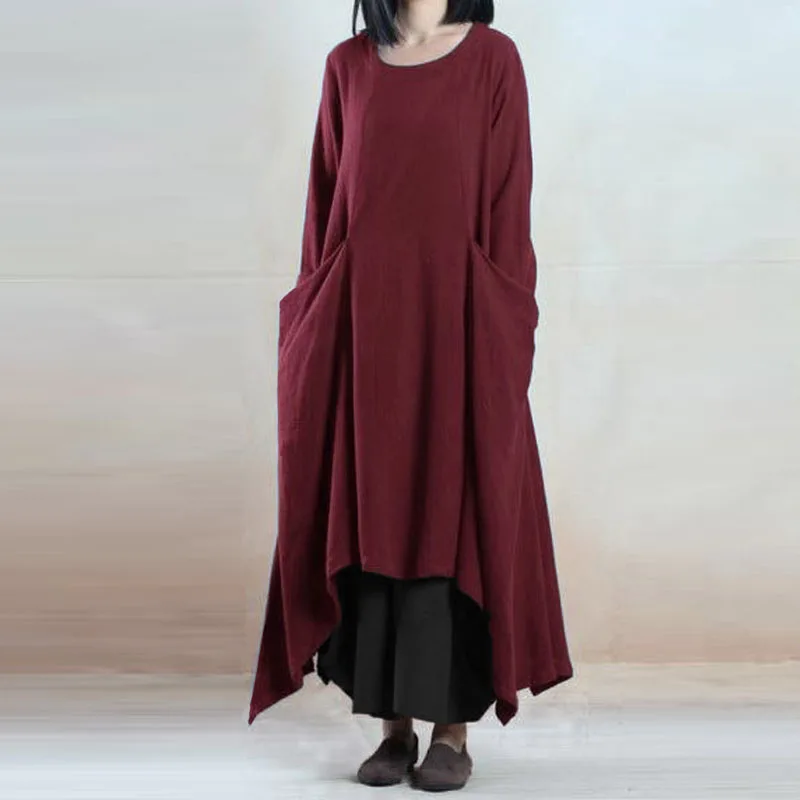 Plus Size ZANZEA Retro Spring Women O Neck Long Sleeve Pockets Cotton Linen Loose Solid Pleated Irr