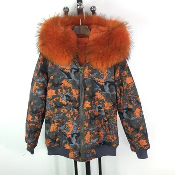 

New Fashion Orange Camouflage Women Bomber Jacket Big size real fur Collar Bombers Fur Coat