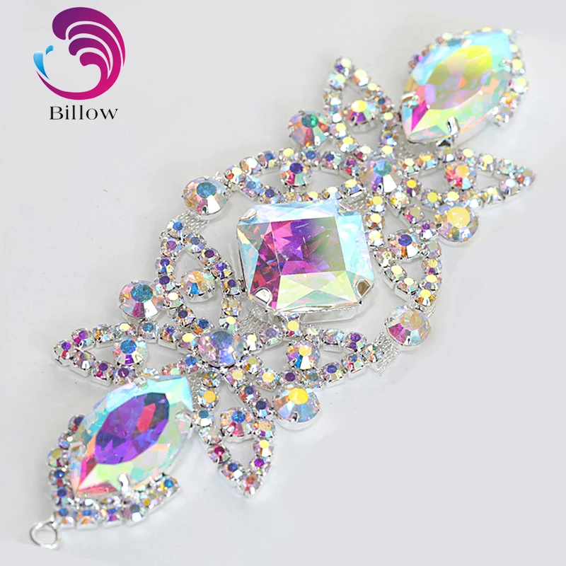 

15cm x 5cm Crystal AB Glass Sew On Rhinestones Applique with Silver Base Sewing Rhinestone Appliques For Wedding Dress B3496