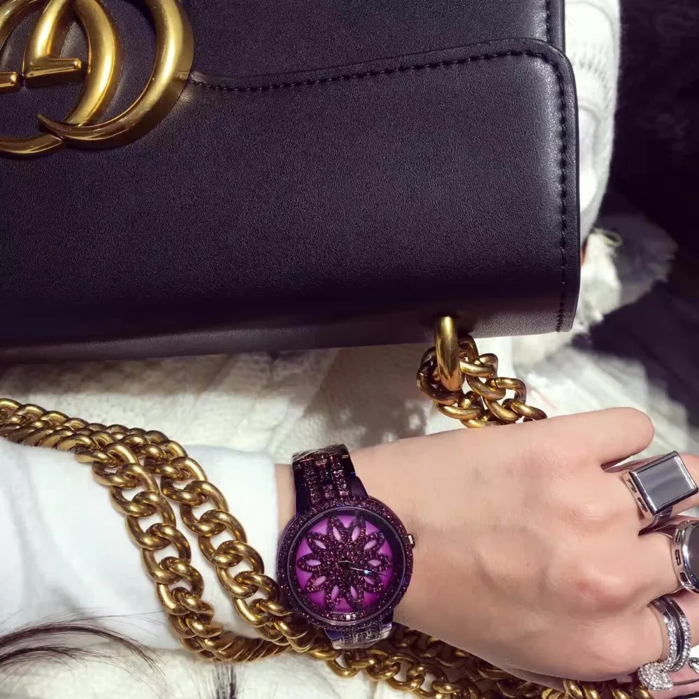 Роскошные Брендовые женские часы с бриллиантами вращающаяся шкала наручные часы Relojes Mujer женские фиолетовые Часы Relogio Feminino Новые поступления