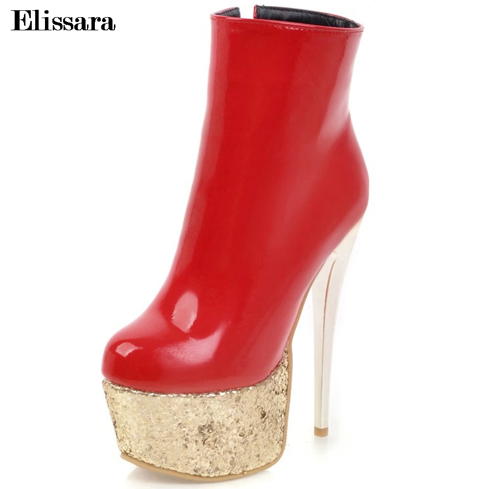 

Elissara Sexy Women High Heels Ankle Boots Women Boots Zip Metal Platform Wedding Party Boots Shoes Woman Plus Size 33-47