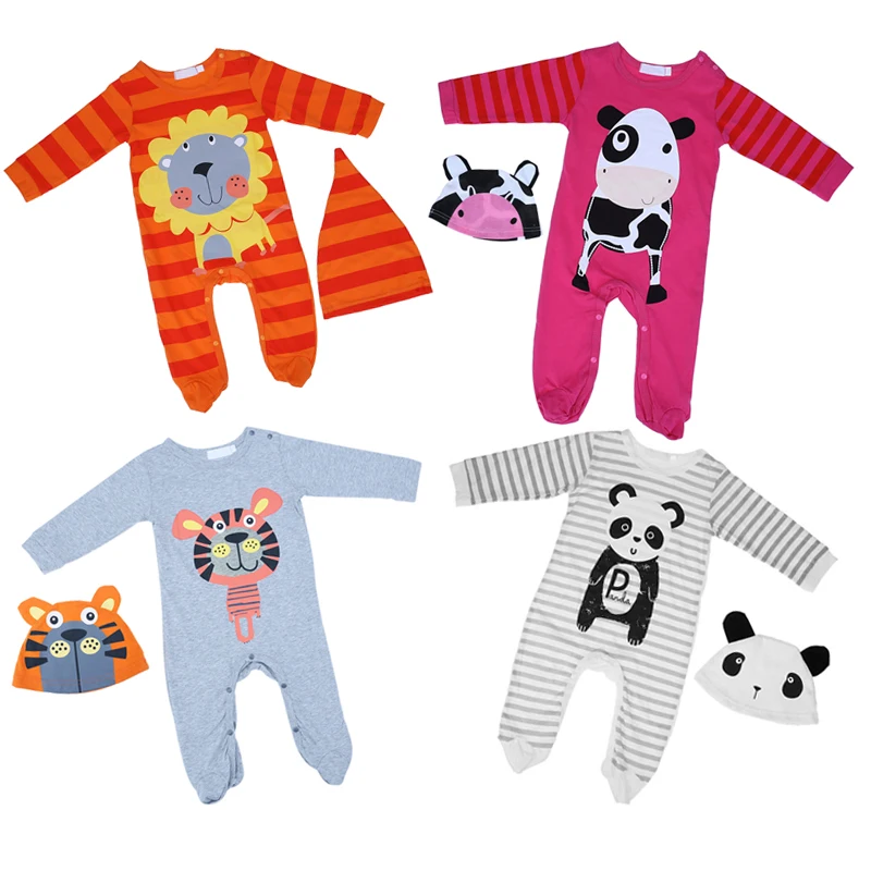 Baby Rompers Newborn Baby Clothes Long Sleeve Animal  Cute Boy Clothing Set  Stripes Print Romper+Cap Baby Girl Clothes Set