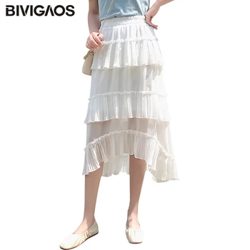

BIVIGAOS 2019 Summer New Womens Arc Three-layer Cake Skirts Pleated Skirt Femme High Waist Midi Skirt Fairy Chiffon Long Skirt