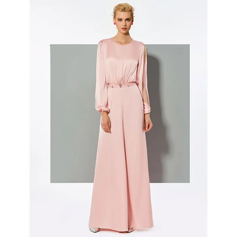 

Tanpell A-Line Evening Dress Scoop Neck Long Sleevs Beading Woman Party Gown Button Evening Jumpsuits