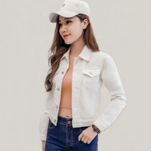 

2019 Jeans Jacket Women Spring 2XL XL Autumn Hand Brush Long Sleeve Stretch Short Denim Jacket White Pink Coats DC805