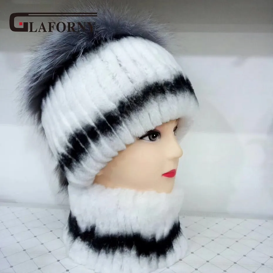 Glaforny 2018 Новый Для женщин реального кролика рекс меховая шапка шарф Набор Для женщин модные меховые шапки с Серебряными Лисий мех топы