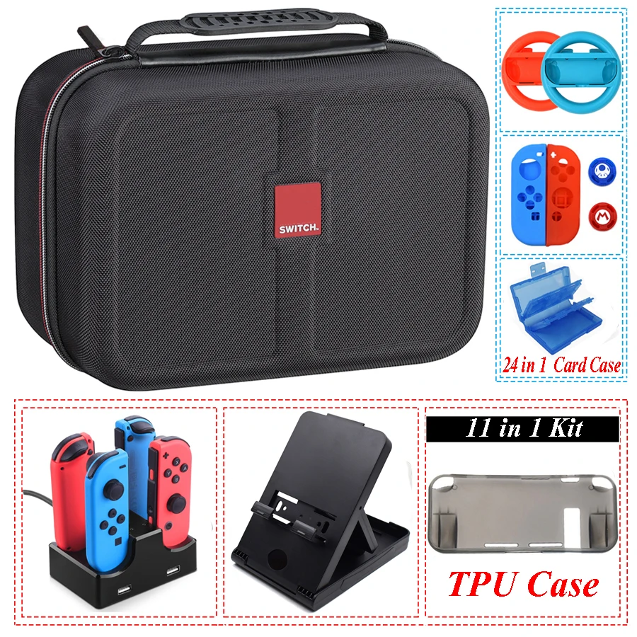 

Yoteen 11 in 1 Accessories for Nintend Switch Storage Bag Joy-con Steering Wheel Handle Grips Silicone Case Caps Charging Dock