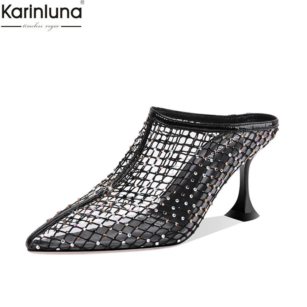 

brand INS crystal hollow ladies high heels pointed toe shoes woman casual party sexy summer mules 2019