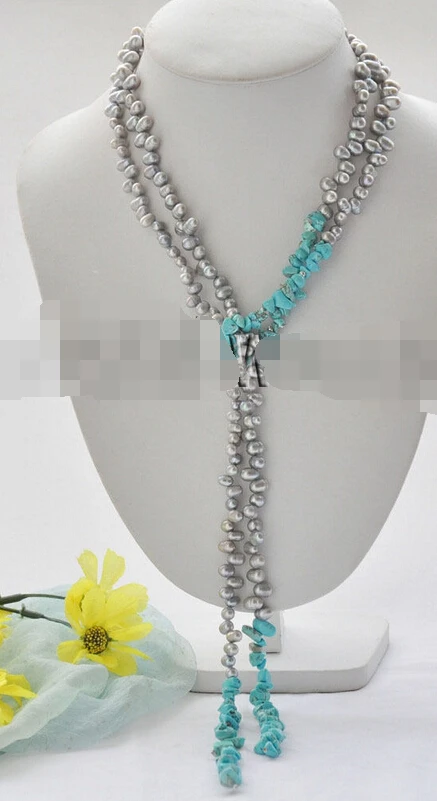 

huij 004524 GRAY RICE WHITEWATER PEARL BLUE TURQUOISE NECKLACE