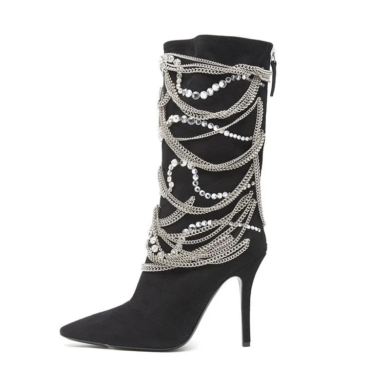 12cm De Botas Venta 10cm Mediados Negro 2019 Alto Bota Heel Heel becerro Las Zapatos Dedo Pie De Otoño Caliente Mujeres Mujer Del Femenina Tacón Decoración Botines Cadena OrO7g4