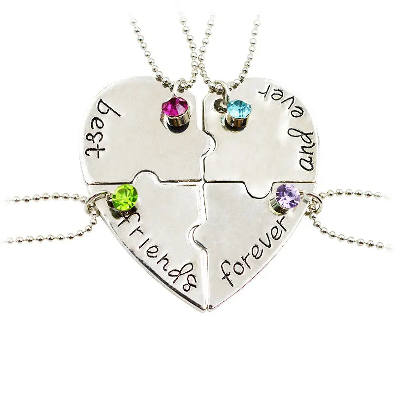 

4PC/Set Best Friend Forever And Ever BFF Friend Pendant Necklace Set Crystal Heart Shape Puzzle Hand Stamped Jewelry Friendship