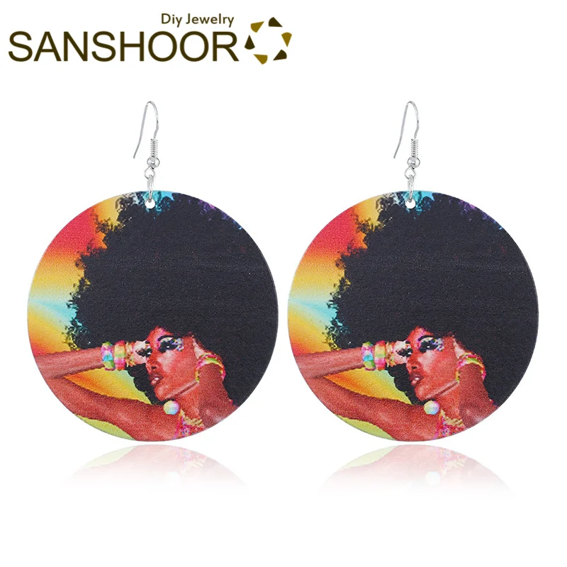 SANSHOOR 6cm Printed Afro Woman Wooden Drop Earrings Natural Hair Punk Girl Wood Jewelry for African Black Women 1 Pair | Украшения и