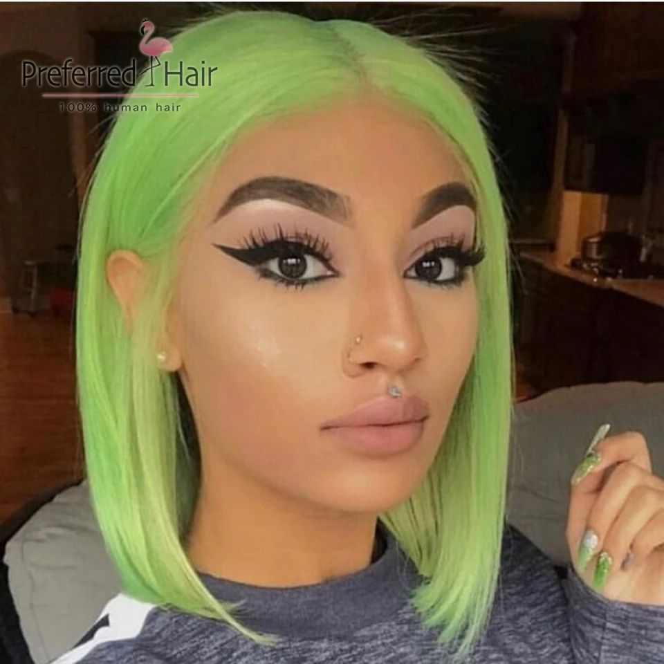 

Preferred 13x6 Straight Lace Front Wig Pink/Blue/Green/Yellow Colored Human Hair Wigs Brazilian Short Bob Wigs For Black Women