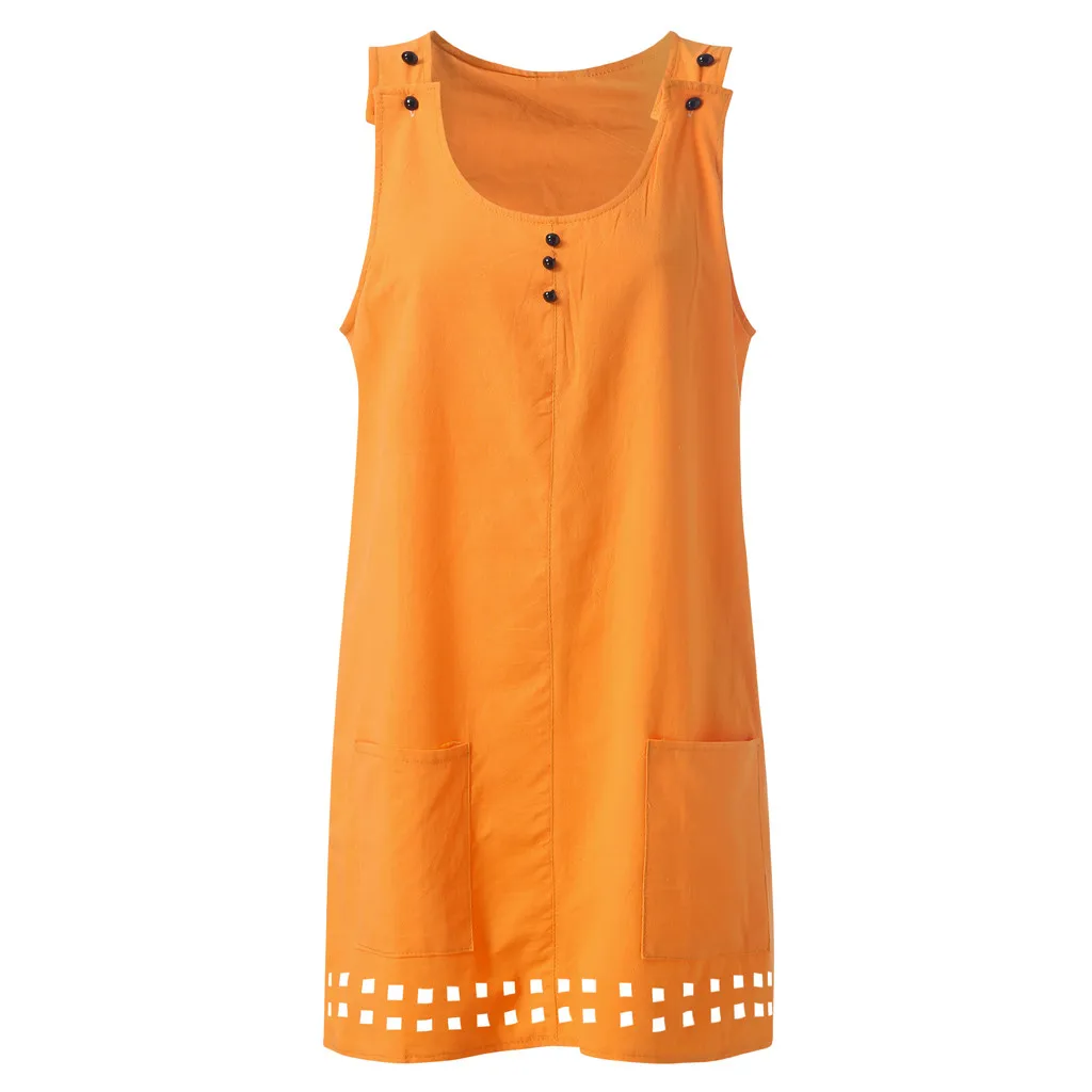 Женское летнее платье в стиле бохо, повседневное пляжное платье без рукавов с пуговицами и карманами, однотонные пляжные платья vestidos verano - Цвет: Orange