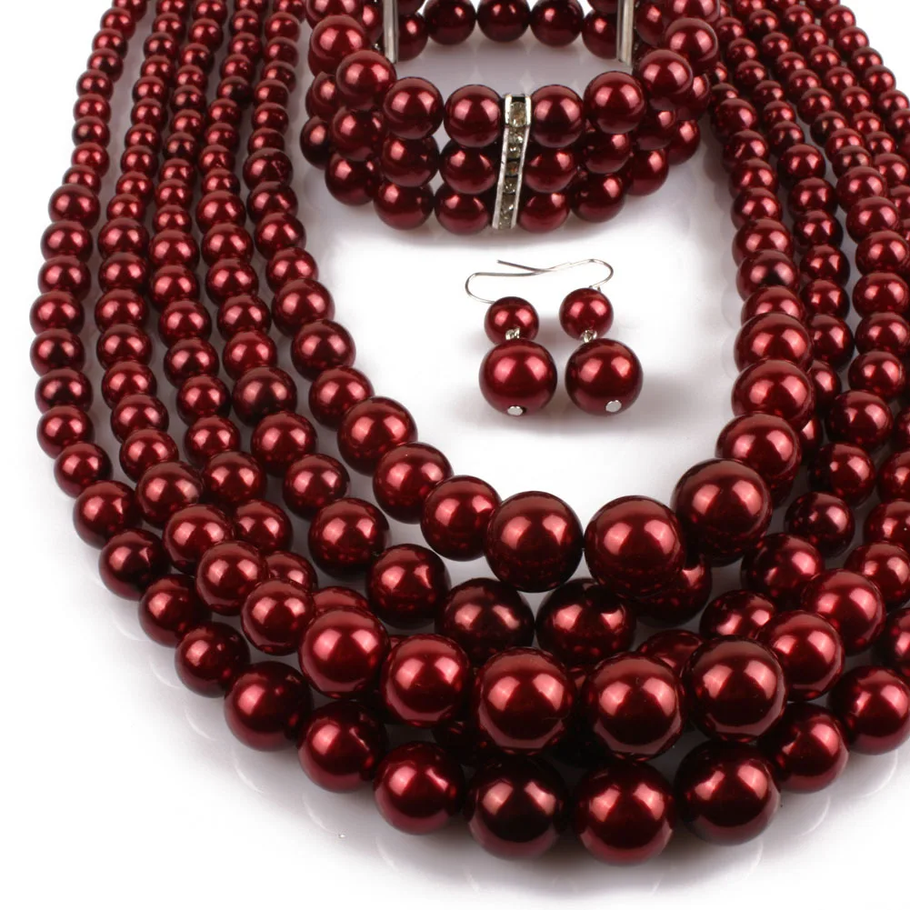 Модные Преувеличенные жемчужные пряди ожерелье серьги браслет из бисера 3 богемный многослойный Кристалл жемчужные Ювелирные наборы для женщин