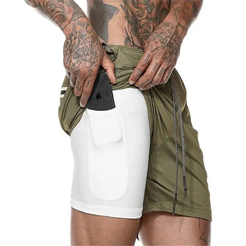 Double Layer Shorts Men Quick-drying Breathable Running Camouflage Men Shorts Sports Training Fitness Short Pants Built-in pocke - Цвет: Army Green