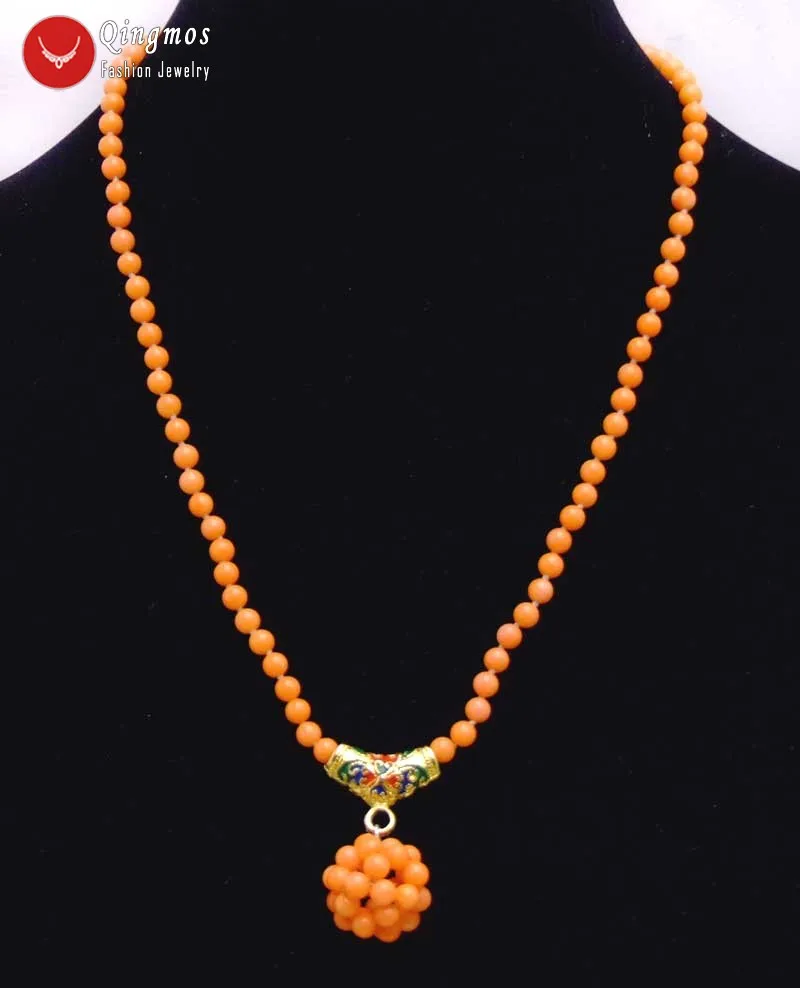 

Qingmos Natural Coral Necklace for Women with 4-5mm Orange Round Coral & Handwork Weaving Ball Pendant Necklace Jewelry Nec6211